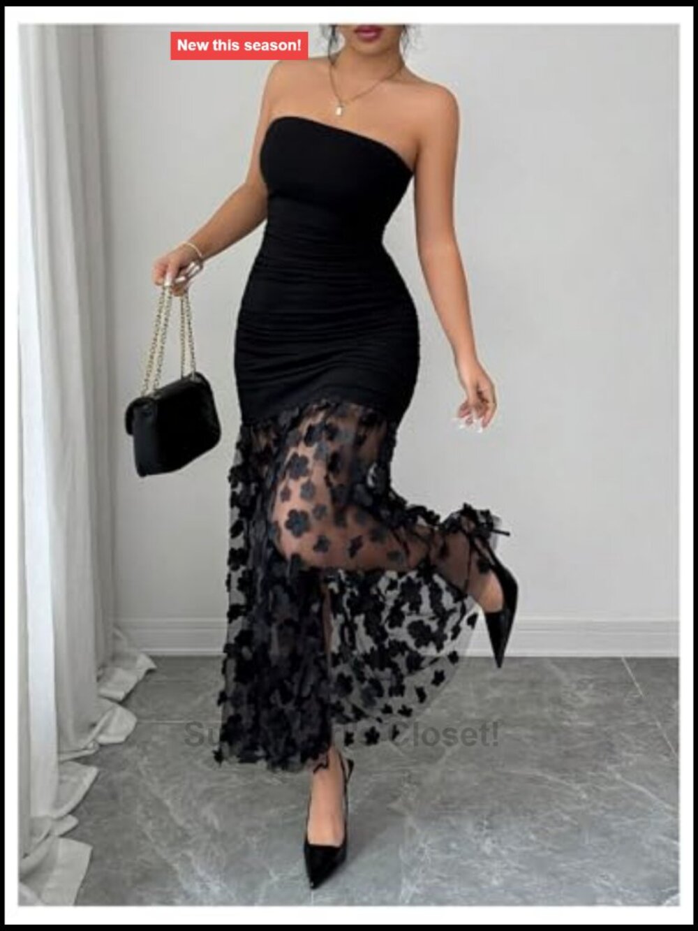 Strapless Maxi Dress 3D Flower Mesh Ruched Bodycon - Picture 2 of 5